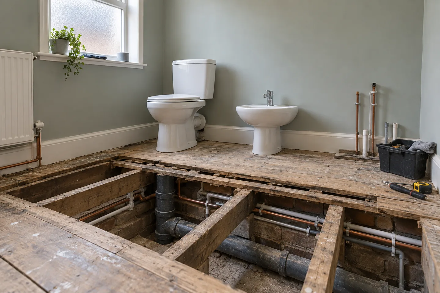 Bathroom during renovation with floorboards lifted, exposing a soil stack and pipework.