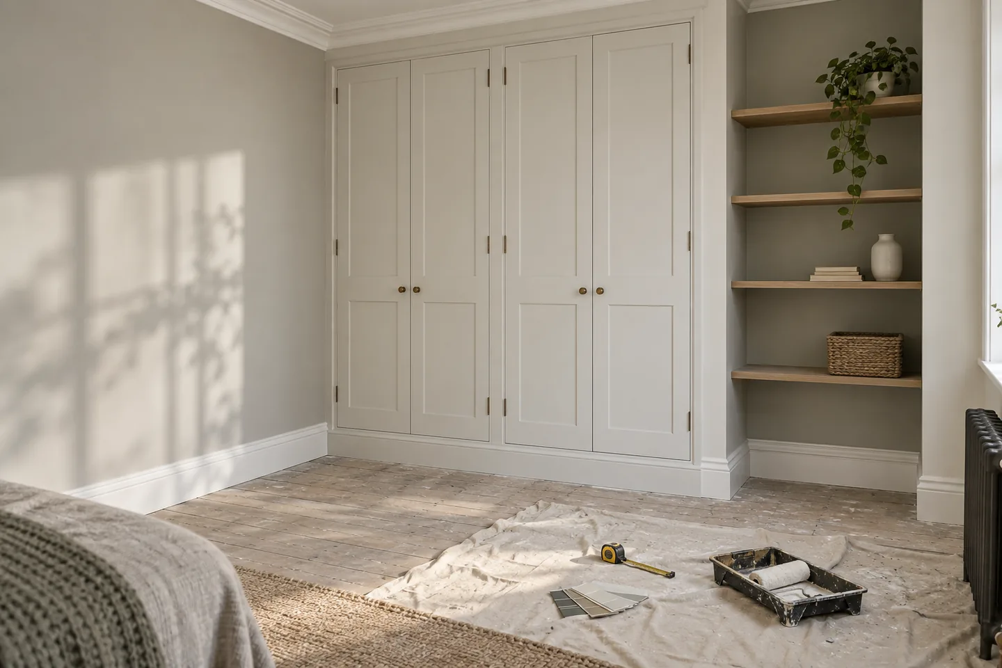 Newly fitted built-in wardrobe beside an alcove with open shelving in a bedroom.