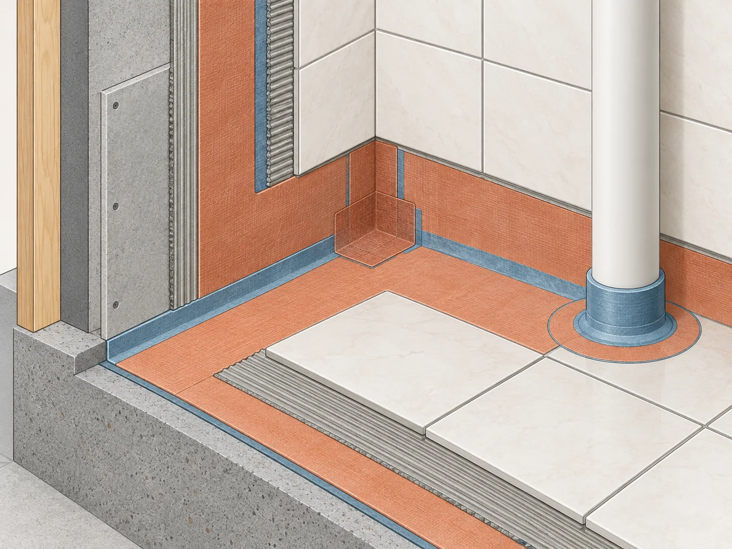 Diagram of waterproof membrane at wall-to-floor corner and pipe penetration