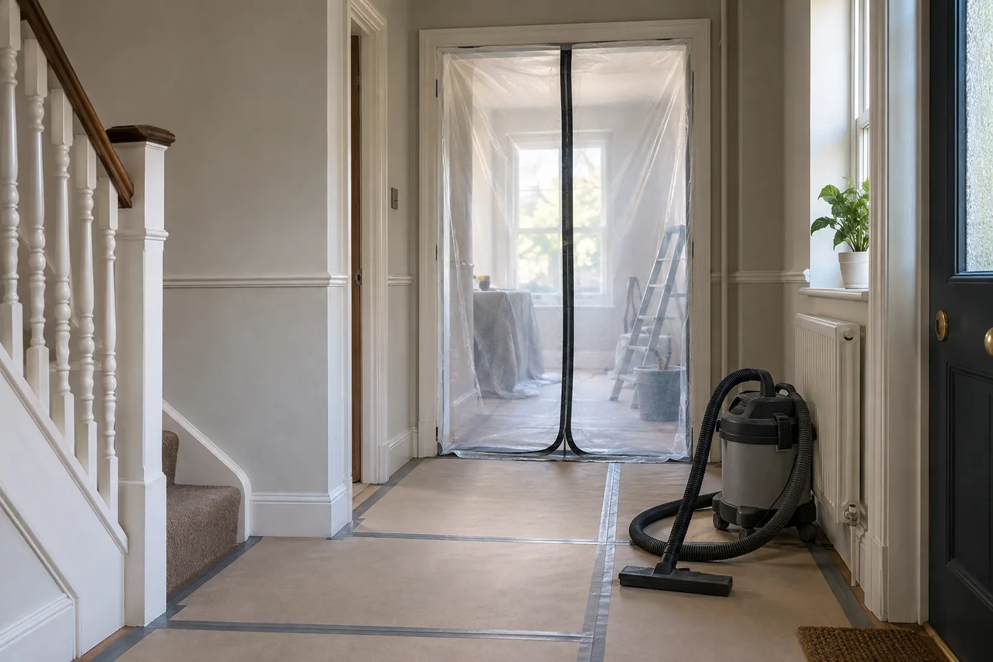 Zipped plastic dust barrier across a doorway with floor protection and a vacuum in a home being renovated.