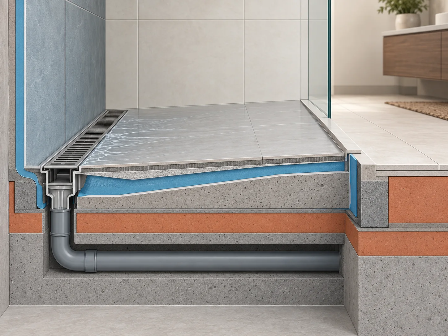 Diagram of shower falls directing water to drain