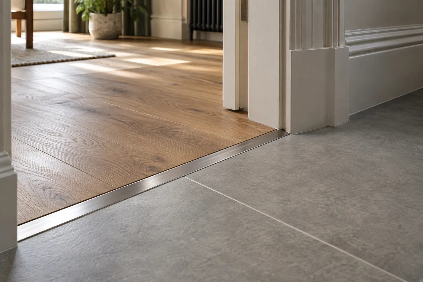 Flush metal threshold where engineered timber flooring meets tiles in a door opening.