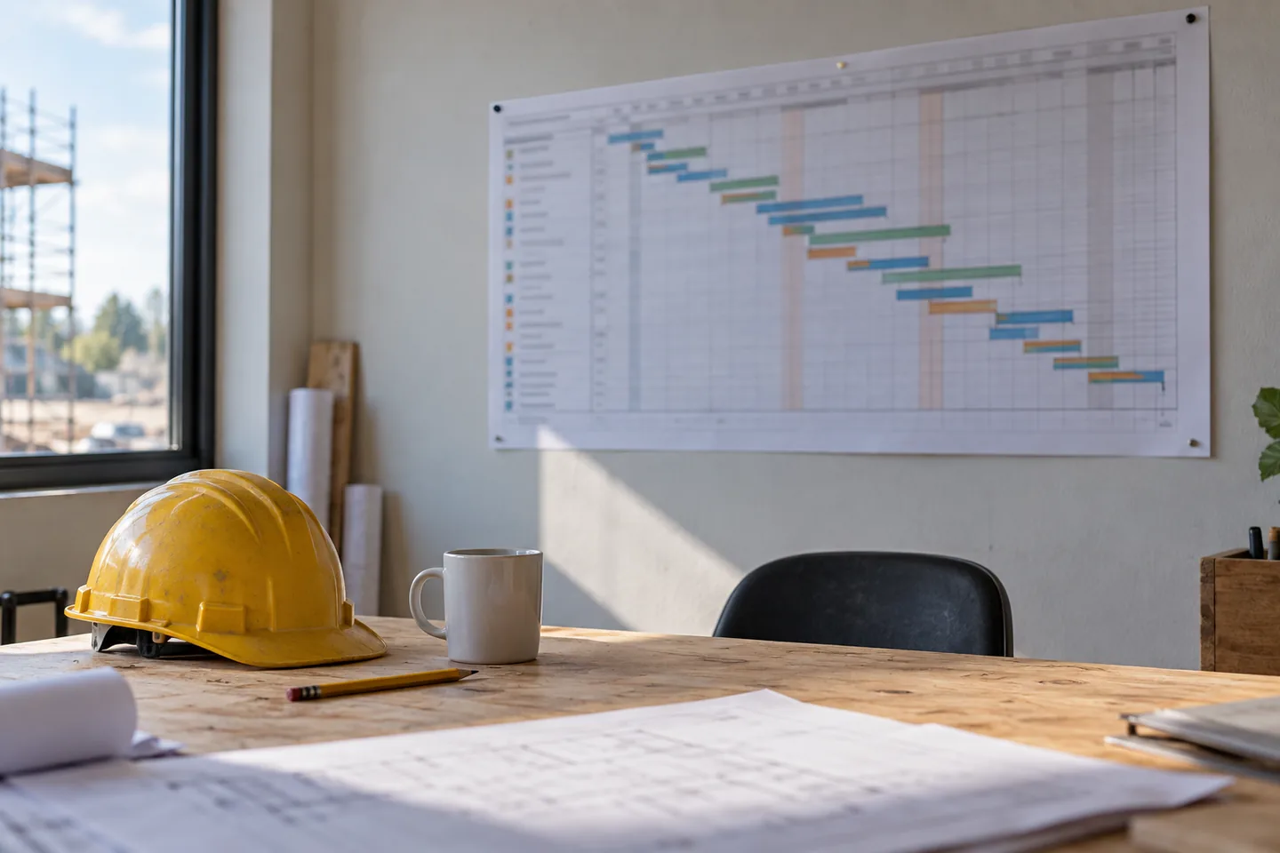 Renovation programme on a site wall with a pencil, mug and hard hat on a table.