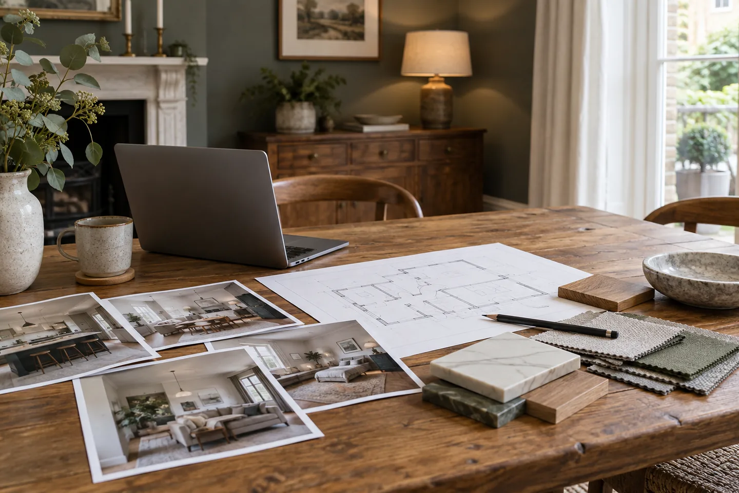 Printed room photos, a hand-drawn plan and material samples laid out while writing a renovation brief.