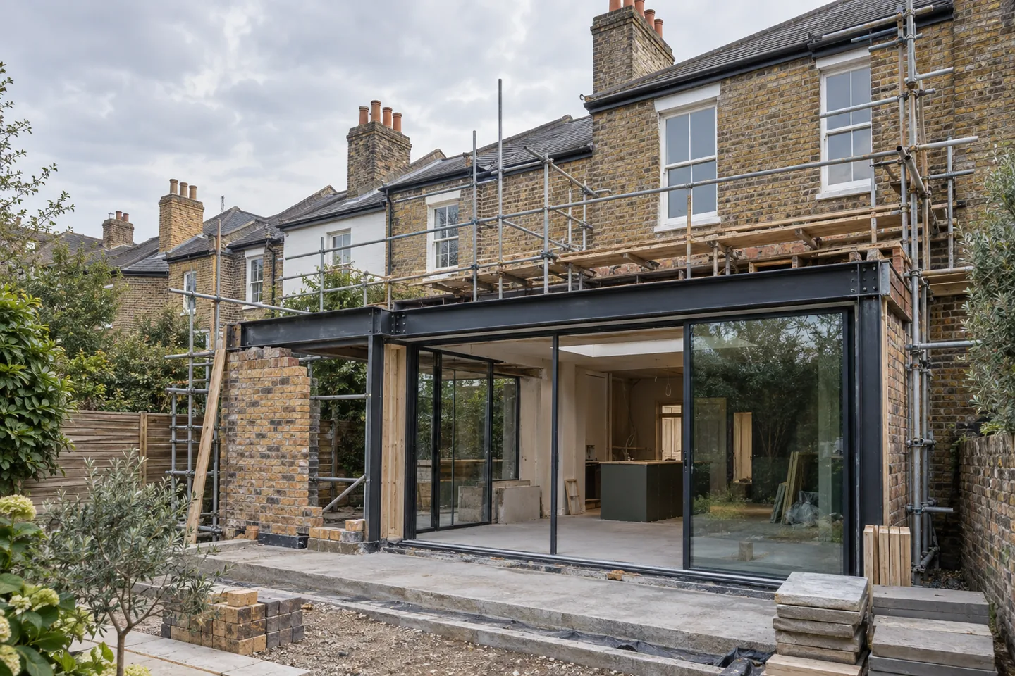 Rear kitchen extension under construction on a British terraced house with glazing and steelwork.