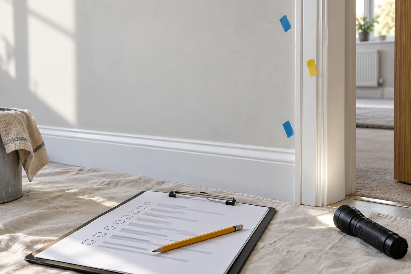 Snagging checklist and coloured tape markers during a renovation inspection in a finished room.