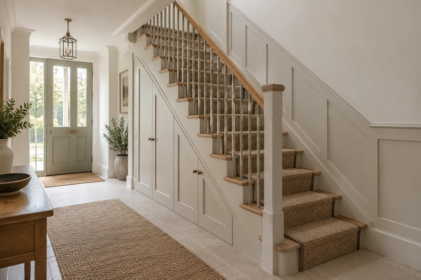 Refurbished staircase in a British hallway with slim balustrade and understair storage.