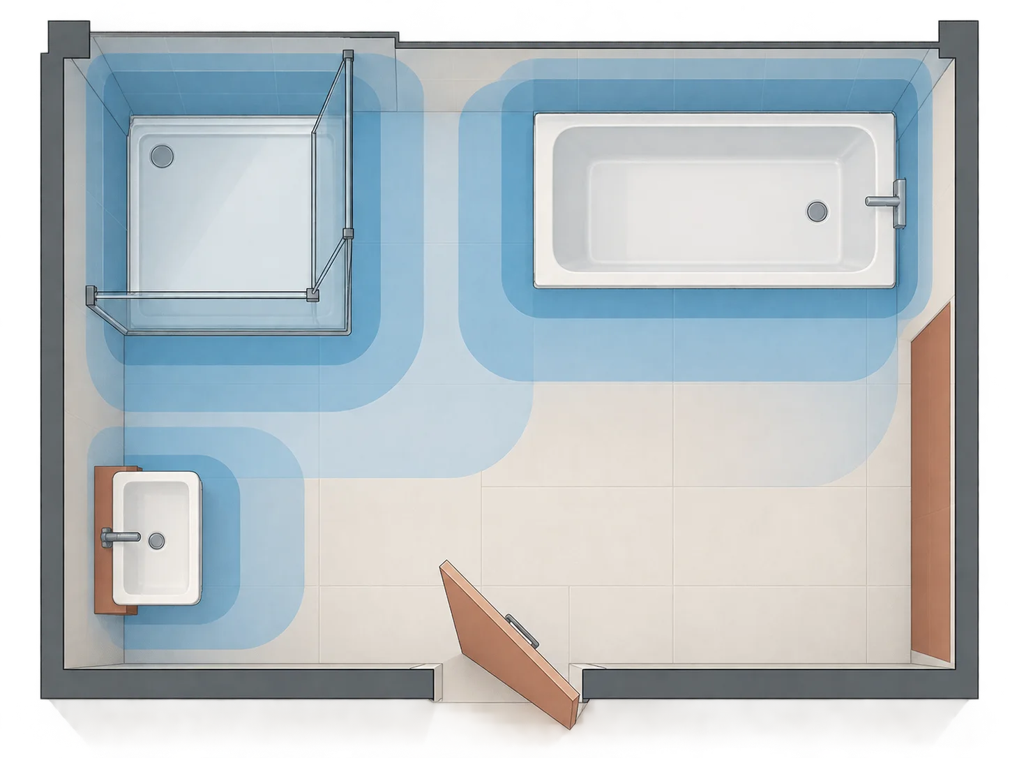 Diagram of bathroom wet-area boundaries around shower, bath and basin