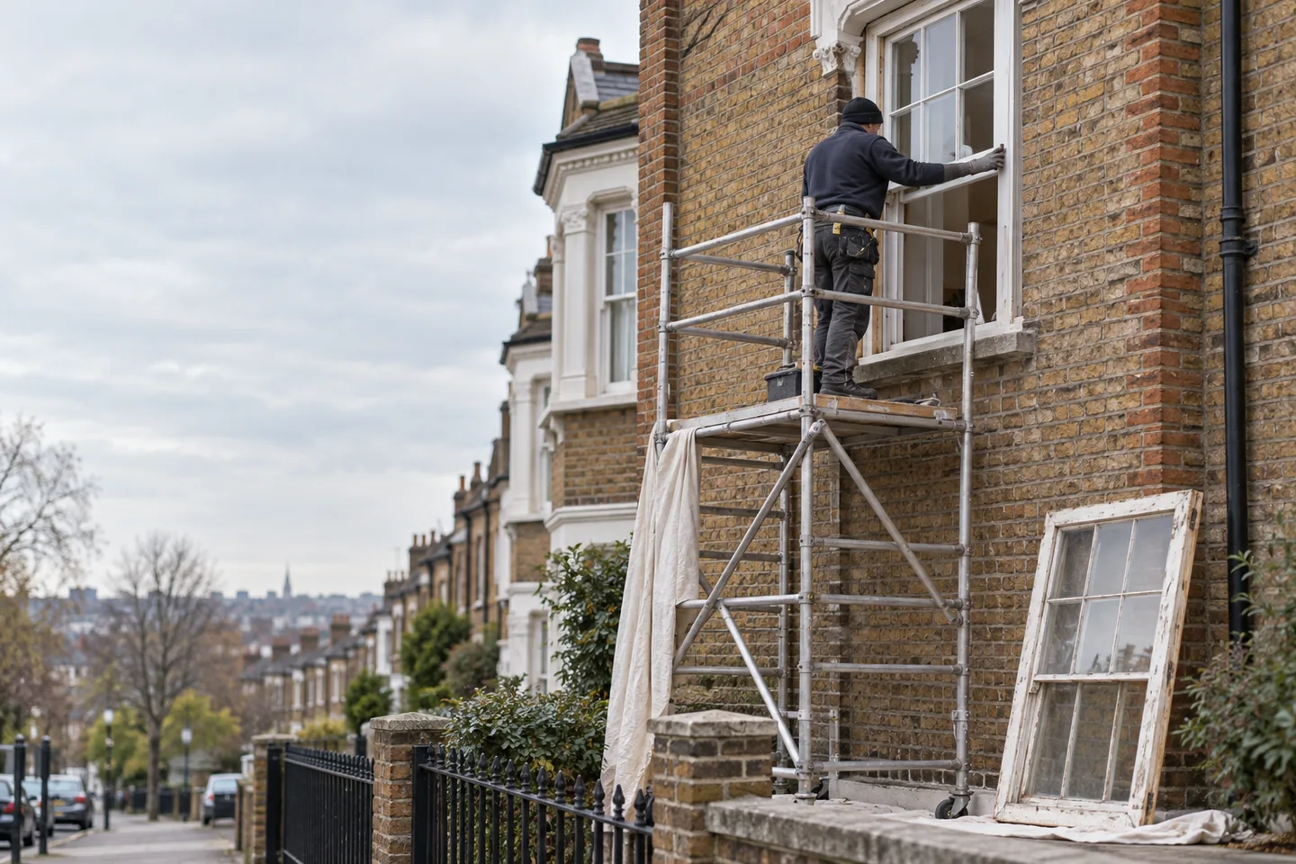 New timber sash windows being fitted to a British period house from a scaffold.