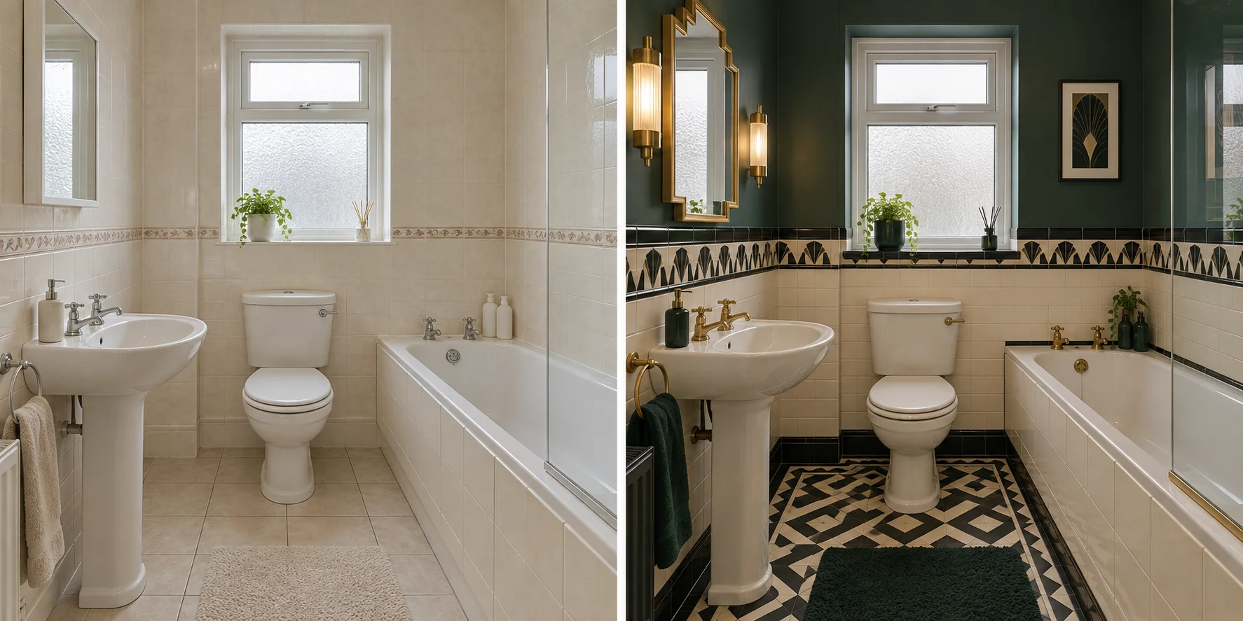 Art Deco bathroom shown before and after a design concept from the same viewpoint