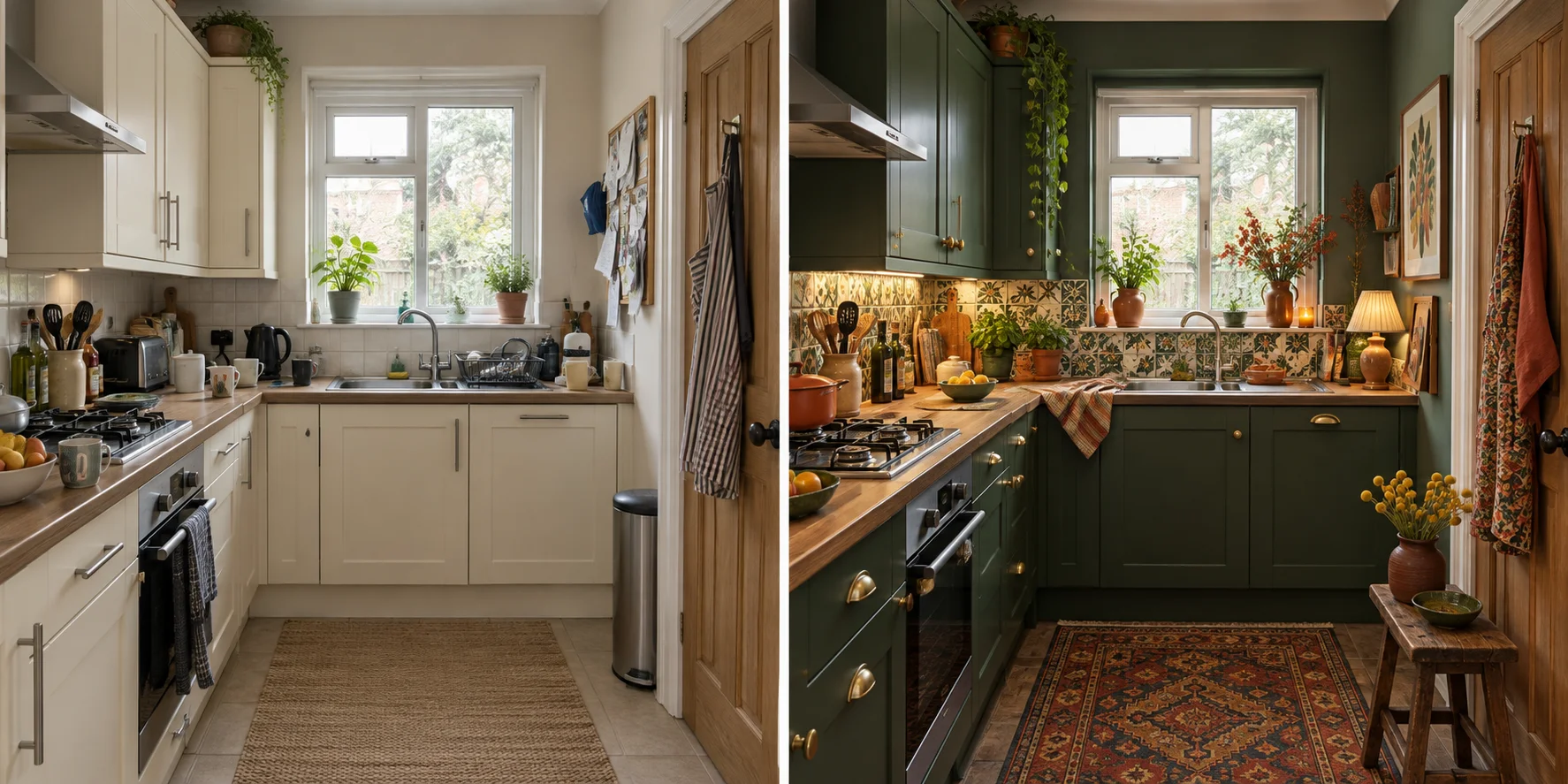 Maximalist kitchen shown before and after a design concept from the same viewpoint