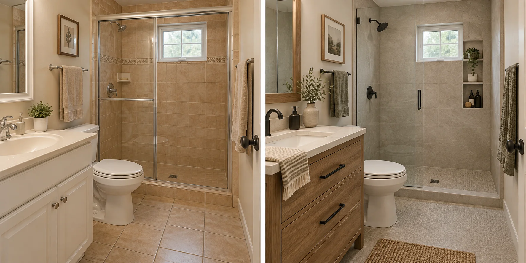 Modern rustic bathroom shown before and after a design concept from the same viewpoint