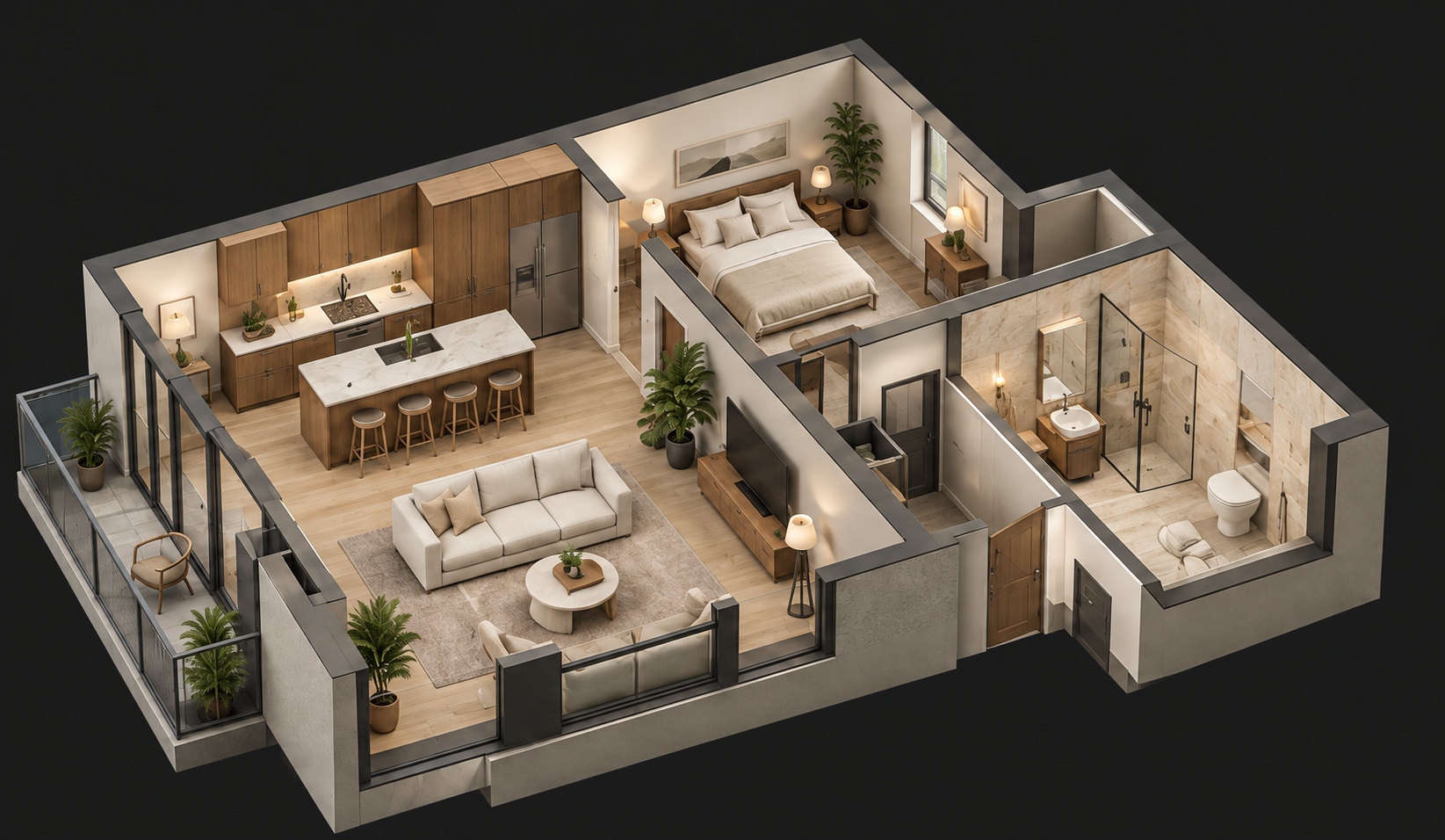 Concept apartment cutaway with kitchen, bedroom and living room