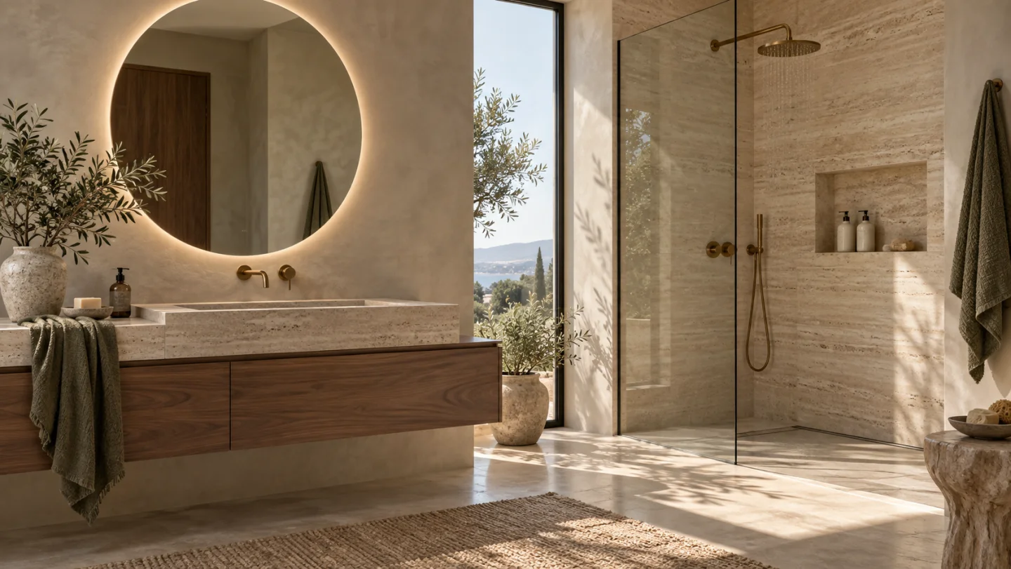 Finished contemporary bathroom with a shower and tiled walls.