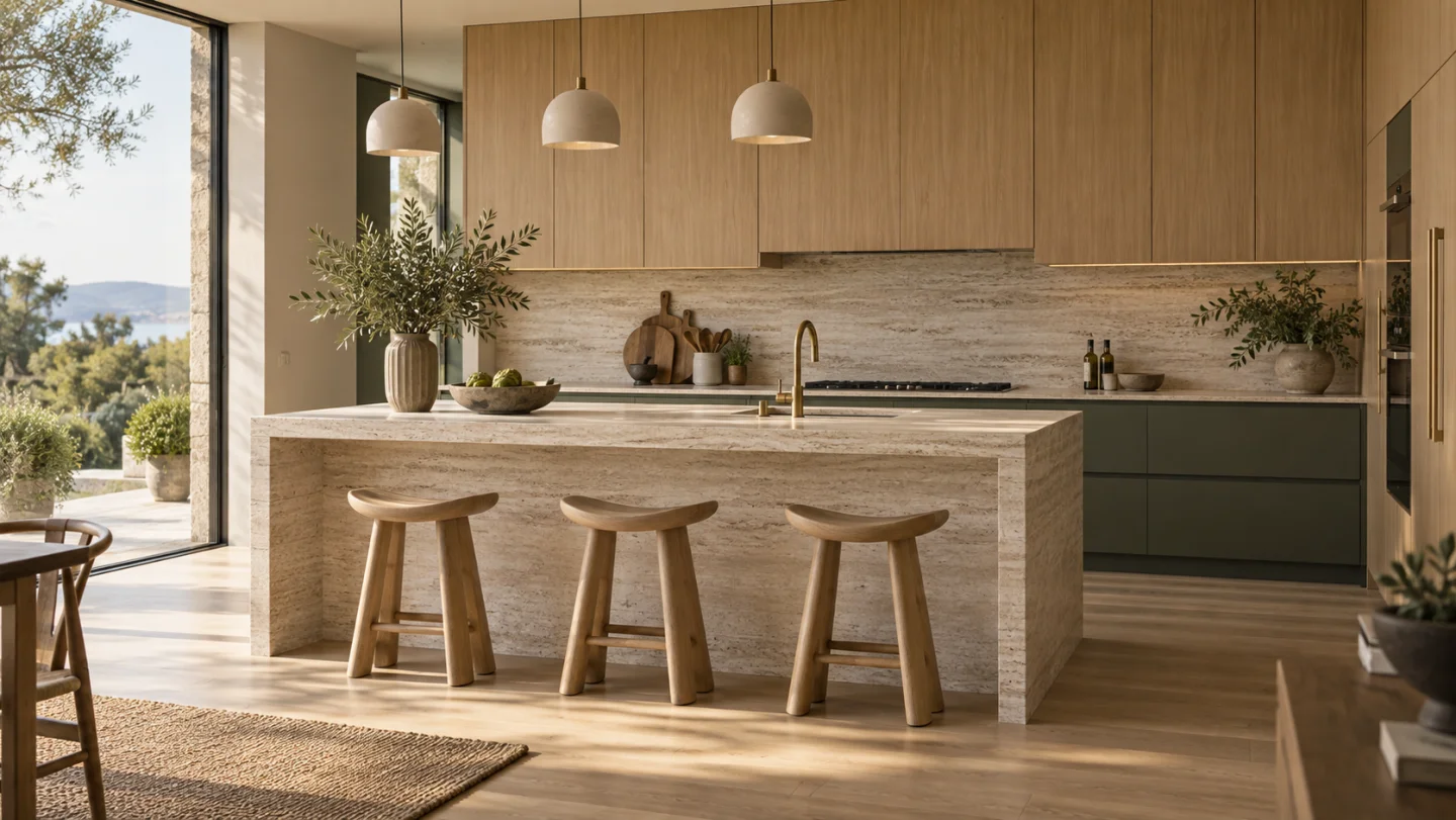 Finished contemporary kitchen with island and natural light.
