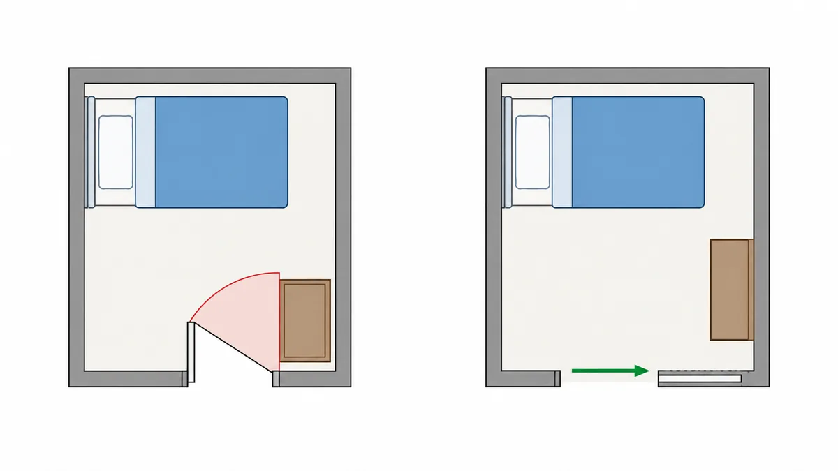 Diagram comparing a standard door swing with a pocket door in a compact room.