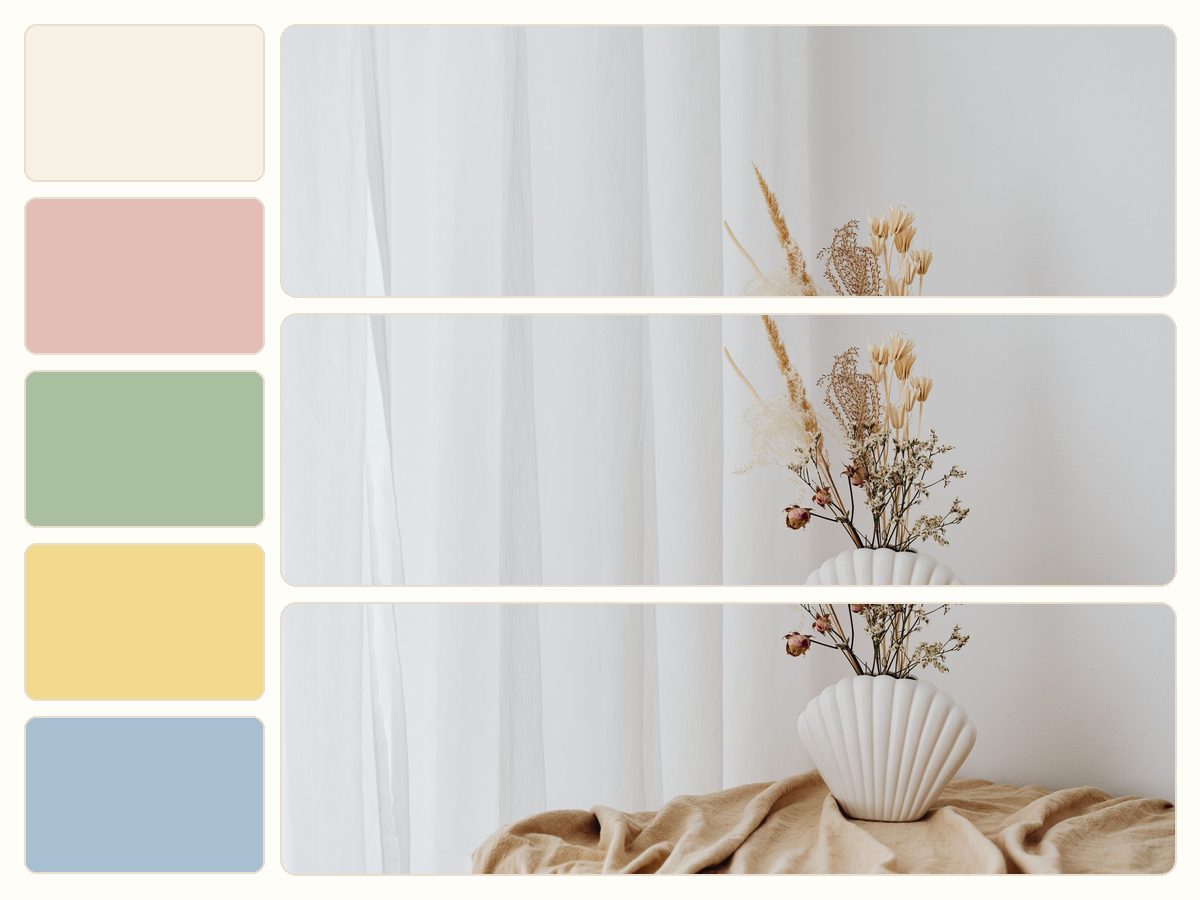 Cottagecore bathroom material mood board in cream, pink, sage and faded blue