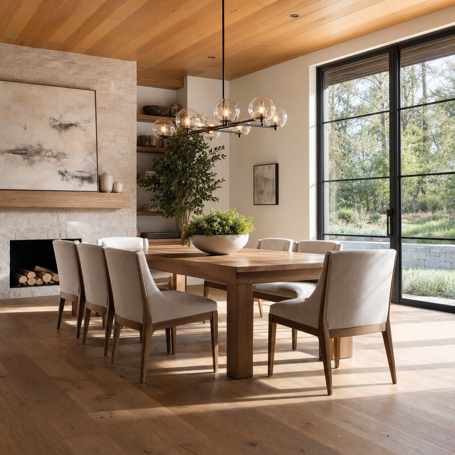 After AI redesign concept showing dining room layout, colour, lighting and furniture ideas