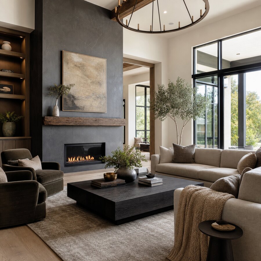 After preview of the same living room with warmer colours, richer materials, and updated layout