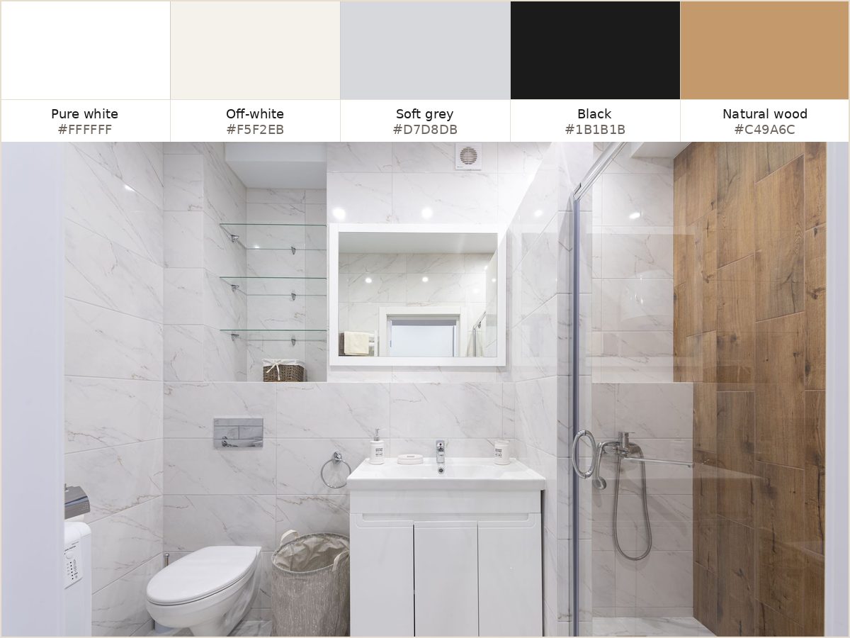 Minimalist bathroom palette board in pure white, off-white, soft grey, black and natural wood